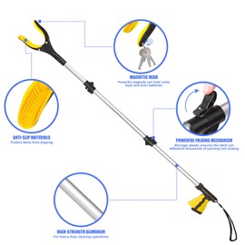 JG 43" Extra Long Grabber Tool, It Reaching Tool with Rotating Jaw +Magnets, 4" Wide Claw Opening Reacher Grabber Pickup Tool, Grabber Reacher Tool Heavy Duty，Reaching Aid Tool