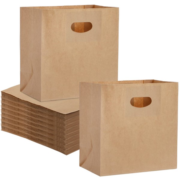 Foraineam 100 Pack Kraft Paper Bags, 11 x 6 x 11 Inch Natural Brown Paper Party Favor Goody Snack Gift Bag with Die Cut Handle, Small Grocery Bags Takeout Bags Food Service Bags for Restaurant, Bakery, Retail