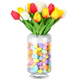 Sunnychicc Easter Decorations Flowers Tulip Centerpiece with Vase, Include 20 Pcs Artificial Tulip Pick 120 Pcs Easter Egg 2 Glass Vases 1 Pack Cotton for Spring Table Decor(Colorful)