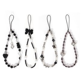 4pcs Crystal Beaded Phone Charms, Black Cell Phone Wrist Strap Beaded Phone Lanyard Phone Charms Strap Keychain Bracelet Wristlet for Women Camera Key Purse Bag