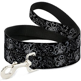 Buckle-Down Pet Leash - Fleur-de-Lis Outline w/Filigree Black/Gray - 6 Feet Long - 1" Wide