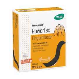 Wero Weroplast PowerTex Finger Plasters 12 x 2 cm Pack of 50 | Black textile plaster, extra strong adhesion, elastic and breathable