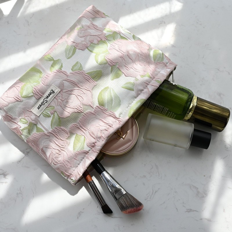 Pink Floral with Leaves Makeup Bag,Cosmetic Bag for Women, Large