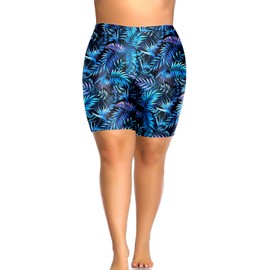 Aqua Eve Plus Size Swim Shorts Women Tummy Control Swimsuit Bottoms High Waisted Bikini Bottom Blue Leaves 18W