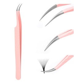 Independent Tweezers, Eyelash Extension, Pink Stainless Steel Curved Tip, Professional Eyelash Tweezers, Striped, Fadvan (Bending with Small Angle)