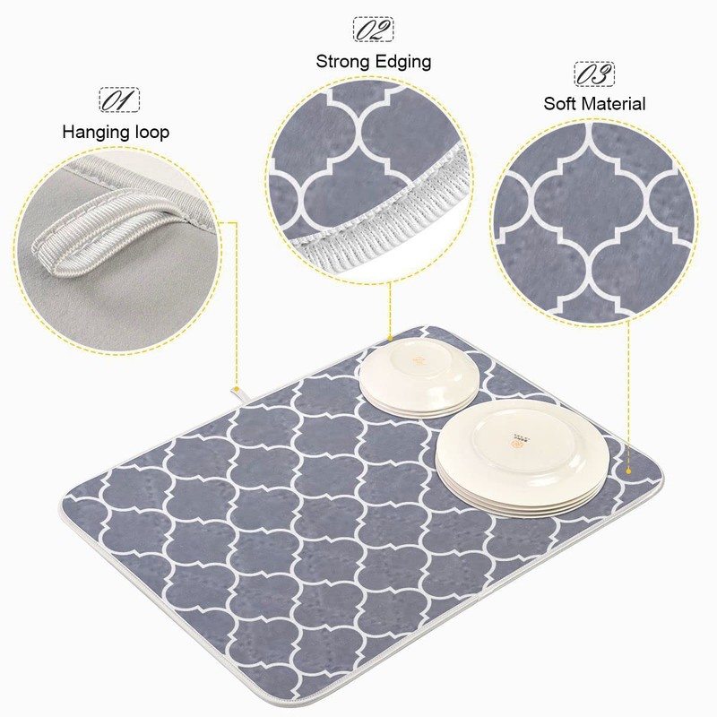Moroccan Tile Gray Absorbent Dish Drying Mat Microfiber Dish Pat