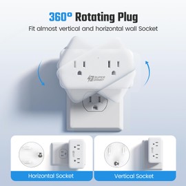 USB Outlet Extender Surge Protector - 360° Rotating Plug, 2 AC Multi Plug, 2 Polarized Outlets and 3 USB Ports (1 C), 3-Sided Swivel Power Strip Spaced Splitter for Home, Office, Travel
