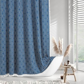 MitoVilla Blue Boho Shower Curtains for Modern Farmhouse Bathroom Decor, Bohemia Geometric Country Thick Cotton Fabric Shower Curtain, Rustic Tassel Cloth Shower Curtain, 72 x 72