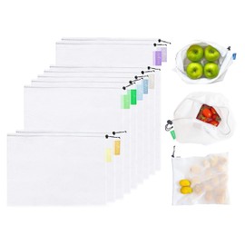 purifyou Set of 9 Reusable Produce Bags, Heavy Duty Washable Mesh Grocery Bag with Drawstring, Ideal for Farmers Market, Beach, and Refrigerator Storage (Extra Large, Large, Small)