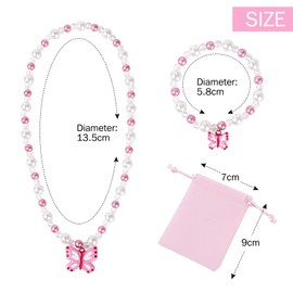 IOSPKKIO® Butterfly Stretch Necklace, Little Girl Toddler Necklace Bracelet Set, Includes Pink Bag, Little Princess Jewellery Kids Necklaces, pink