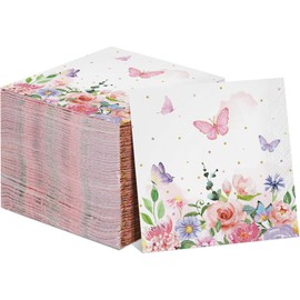 100 Pcs Butterfly Napkins Pink Butterfly Party Paper Guest Towels Disposable Colorful Garden Spring Summer Flower and Butterflies Hand Towels for Wedding Birthday Party Supplies (6.5 x 6.5 Inch)