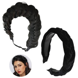 Set of 2 Hair Accessories Set, Soft Velvet Headband with Wigs, Hair Bands, Braided Headband, Wide Hair Band, Headband for Women, Braid Hair Band for Sports, Yoga (Black)