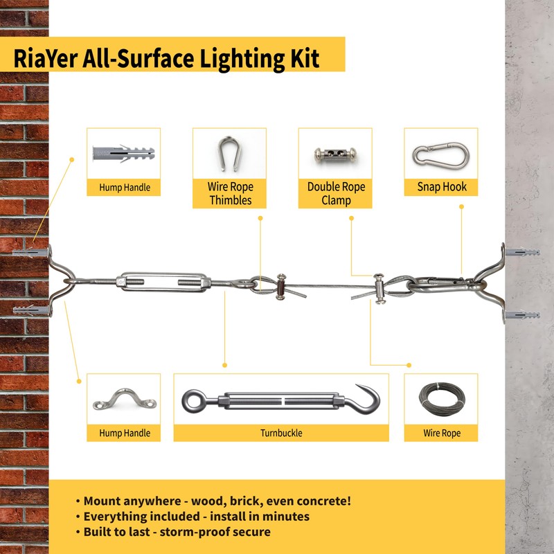 RiaYer 165FT Outdoor String Light Hanging Kit, 1/16" Vinyl-Coated 304