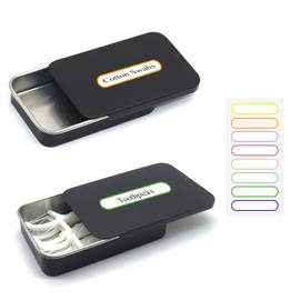 SwirlColor Cotton Swab Holder for Travel, 2 Pcs Portable Big Cotton Bud Holder Empty Metal Box Containers with Slide Top for Cotton Ball Toothpicks Hair Ties with Blank Labels - Black