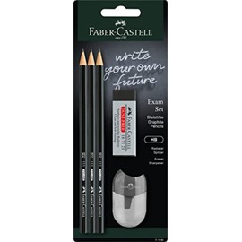 Faber-Castell Faber-Castell 111183 - Bleistiftset Exam, mit drei Bleistiften 1111 Härtegrad HB, mit Spitzer und Radierer, Schwarz