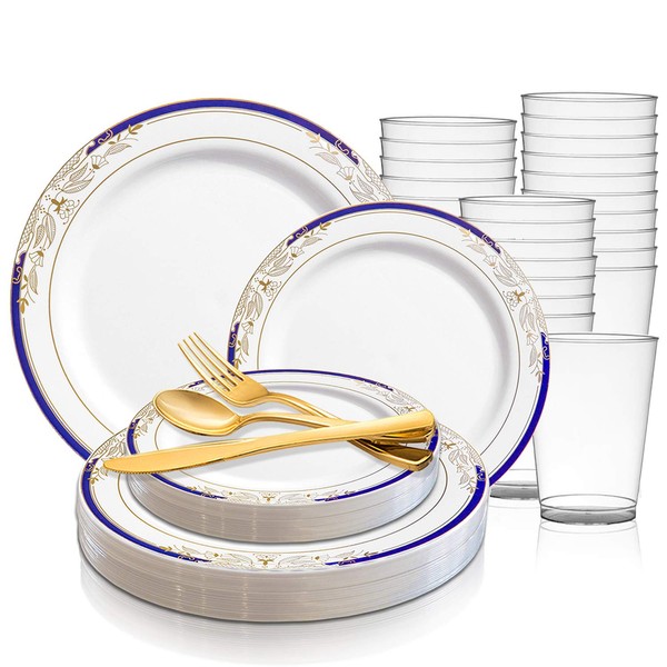 Disposable Plastic Dinnerware Wedding Value Set for 120 Guests - Fancy Round White with Blue & Gold Dinner Plates, Dessert/Salad Plates, Gold Silverware Set & Cups For Birthday Party & Other Occasions
