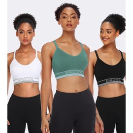ANGOOL Women's Sports Bra Adjustable Shoulder Strap Sports Bustier Women's Padded Strong Hold Seamless Jogging Yoga Fitness Bra, Black + White + Green, xl