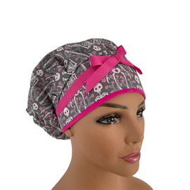 Bouffant Medical Cap – Eternal Gardens in Charcoal - Sweatband Ponytail Pouch Tie Back Hats Bouffant Scrub Hats. Scrub Hat for Women & Men tie Back. Nurses Hats Ponytail Holder Dr. Hats. Long Hair.
