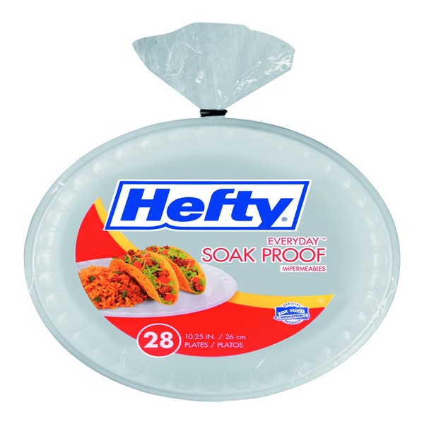 Hefty D21028 Soak Proof Tableware, Foam Plates, 10-1/4" Dia, White (Pack of 28)
