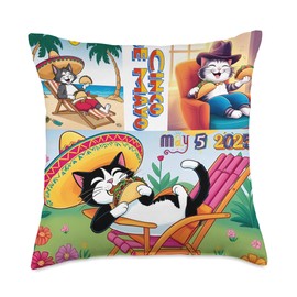 Cat Cinco de Mayo Funny Mexican Fiesta Meow Sombrero Taco Throw Pillow