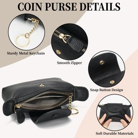 WOZEAH Leather Coin Purse for Women Small Wallet Pouch with Zipper Key Ring for Card Key Coin Cash Holder Pouch（Black）