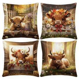 VISSTREE Highland Cow Pillow Covers Set of 4, 18x18 Inch Cute Western Cattle Throw Pillow Covers, Soft Polyester Farm Animal Cushion Cases for Rustic Country Farmhouse Home Sofa Couch Decor Gifts
