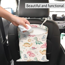 AUEKLLW Car Trash Can, Hanging Garbage Bin for Men and Women, Cute Car Organizer and Storage Bag, Canvas Vehicle Trash Can Bag Easy-to-Install Cute Dinosaur