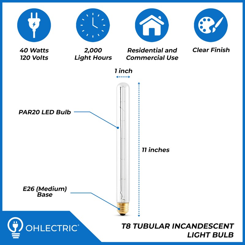 OHLECTRIC 40W T8 Clear Light Bulb (2-Pack) E26 Base, 120V,
