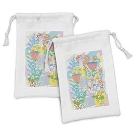 Ambesonne Floral Fabric Pouch Set of 2, Pattern of Garden Bouquet of Fantasy and Retro Flowers Budding Botanical Artwork, Small Drawstring Bag for Toiletries Masks and Favors, 9" x 6", Multicolor