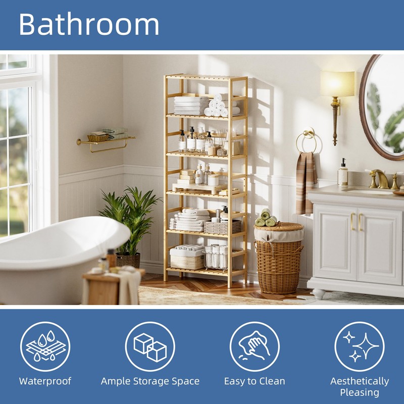 HITNET Bamboo Shelf, 6-Tier Adjustable Tall Open Bookcase, Bathroom Storage