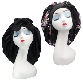 Hanbertti 2 Pack Silky Satin Hair Bonnet Sleeping Hat with Stretch Tie Band Bonnets Satin Bonnet Adjustable for Curly Hair Sleeping Keep Moist（Black+Small Black Flower）