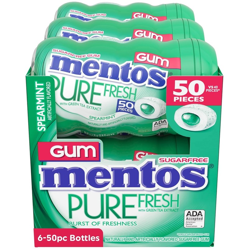 Mentos Pure Fresh Sugar Free Gum, Spearmint, 50 Piece Bottle,