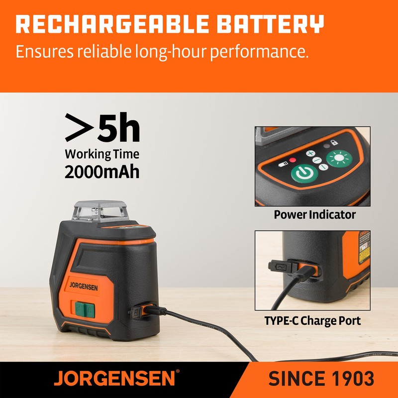 JORGENSEN 360° Laser Level with Tripod, 100 FT Rechargeable Self