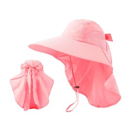 HIQIU Women's Sun Protection Sun Hat with Neck Protection Wide Brim Ponytail Hole Mesh Summer Hat Foldable Outdoor Garden Hat, pink