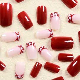 Valentines Day Press on Nails Heart Fake Nails French Tip Glue on Nails with Designs Wine Red Acrylic Nails Short Square Full Cover False Nails Valentine Stick on Nails for Women Girls 24Pcs