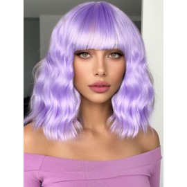 Fancy Hair Light Purple Wavy Bob Wig Short Wavy Wig with Bangs Glueless Wear and Go Wig Synthetic Shoulder Length Bob for Girl Women Daily Party Use