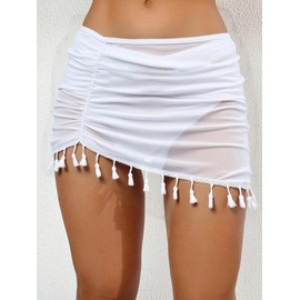 ZAFUL Women Beach Sheer Cover Ups Boho Mesh Bikini Ruched Tassel Skirt for Swimwear, 0-white, Small