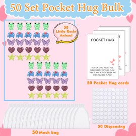 YOJO 50 Sets Pocket Hug Token Bulk, Little Resin Animals with Greeting Cards and Organza Bags, Inspirational Gift Keepsake Exchange Cards for Graduation Employee Appreciation Birthday Wedding