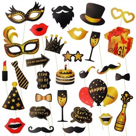 Party Photo Booth Props Black and Gold Photo Props Birthday Photo Booth Props Party Photo Props Selfie Props for New Year Party Decoration Supplies 30 Pcs