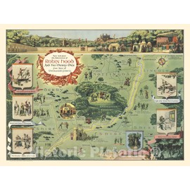 Historic Map - Here Took Place The Adventures of Robin Hood and his Merry Men 1955 - Vintage Wall Art - 30in x 24in