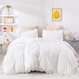 CLOTHKNOW White Comforter Set Queen 3Pcs White Ruffles Bedding Comforter Sets Boho Queen Comforter White Rustic Comforter Soft Shabby Chic Comforter White Queen Size Comforter Sets