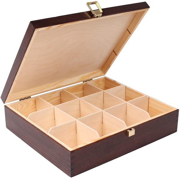 Creative Deco Brown Wooden Tea Box Storage with Lid | 12 Compartments | 29x25x7.5cm | Natural Wood | Luxury Compartment Organiser Christmas Xmas Keepsake Caddy Chest for Chocolate & Coffee