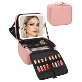 Relavel Makeup Bag with LED Mirror, Travel Makeup Case with Rechargeable Lighted Mirror 3 Color Lights, Dual Layer Cosmetic Box Makeup Brush Lipstick Holder Organizer for Women, Leather Pink