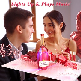 FITMITE Anniversary Card, Music & Light Pop up Valentine's Card with Fireworks Flowers Gifts for Him Her Husband Wife Couple (Wine Bottle)