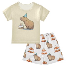 KUEJOP Cute Birthday Capybara Summer Cute Pajama Sets, Short Sets for Daily Wears and Sleep Wears Multicolor, 8 Years