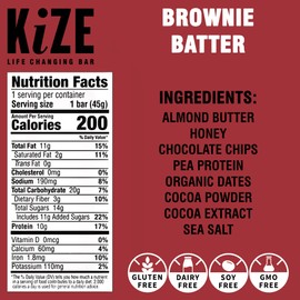 KiZE Energy Bar, Brownie Batter, 10g Protein, 8 Clean & Simple Real Food Ingredients, Almond-Butter-Based, Gluten Free, Non-GMO, Soy Free, Mission Based, High Protein Snacks (10 Count)