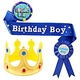 4Pcs Birthday Hat for Boys,Blue Birthday Party Supplies Set,Boy Sash and Button Pins Party Badge Set Men King Crown