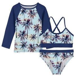 Swimsuit for Girls 12 13 Bikini Blue Bathing Suits for Youth Palm Trees Size 12-13 Rashguard Tankini Big Girl Beach Suit for Teen 3 Pieces Beachwear Cover Up Rash Guard 3D Printed Swimwear UPF50+