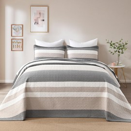 DUOHONG 120"x120" Oversized Bedspread - 100% Cotton, California King Extra Large Quilt, Striped Pattern Cal King XL Bed Spread Lightweight Comforter, 3pcs, Light Sandy Beige/Dark Gray
