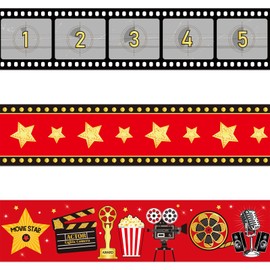 72 Pcs Movie Night Filmstrip Party Tape Borders Trim Gold Star Movie Reel Film Border for Classroom Bulletin Boards Decor Walls Window Door Schools Offices Movie Party Decorations